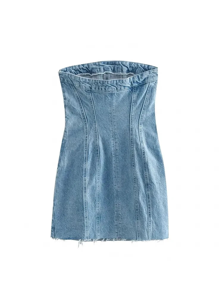 Denim Dresses- Summer Frayed Hem Denim Strapless Mini Dress- - Pekosa Women Fashion