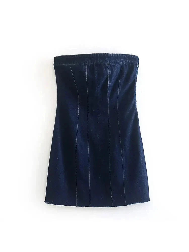 Denim Dresses- Summer Frayed Hem Denim Strapless Mini Dress- Navy- Pekosa Women Fashion