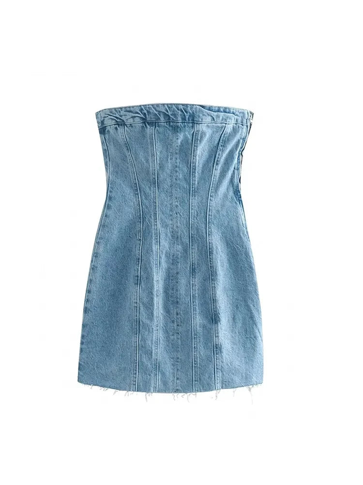 Denim Dresses- Summer Frayed Hem Denim Strapless Mini Dress- - Pekosa Women Fashion