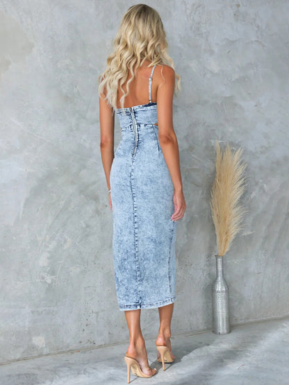 Denim Dresses - Washed Denim Cocktail Dress with Cutouts