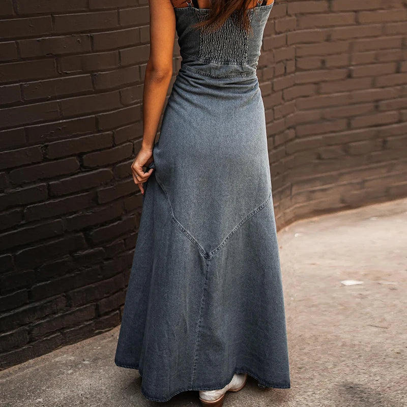 Denim Dresses- Western Denim Maxi Dress with Front Slit