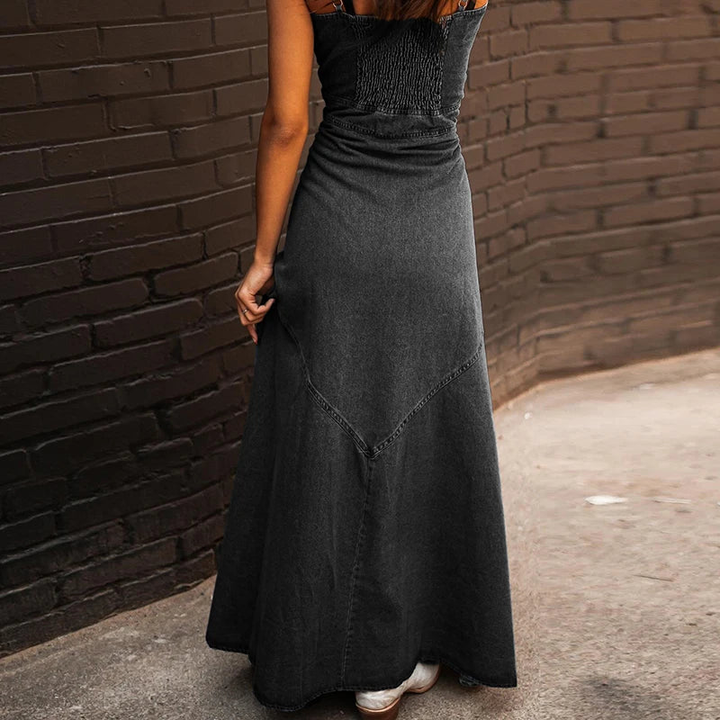 Denim Dresses- Western Denim Maxi Dress with Front Slit