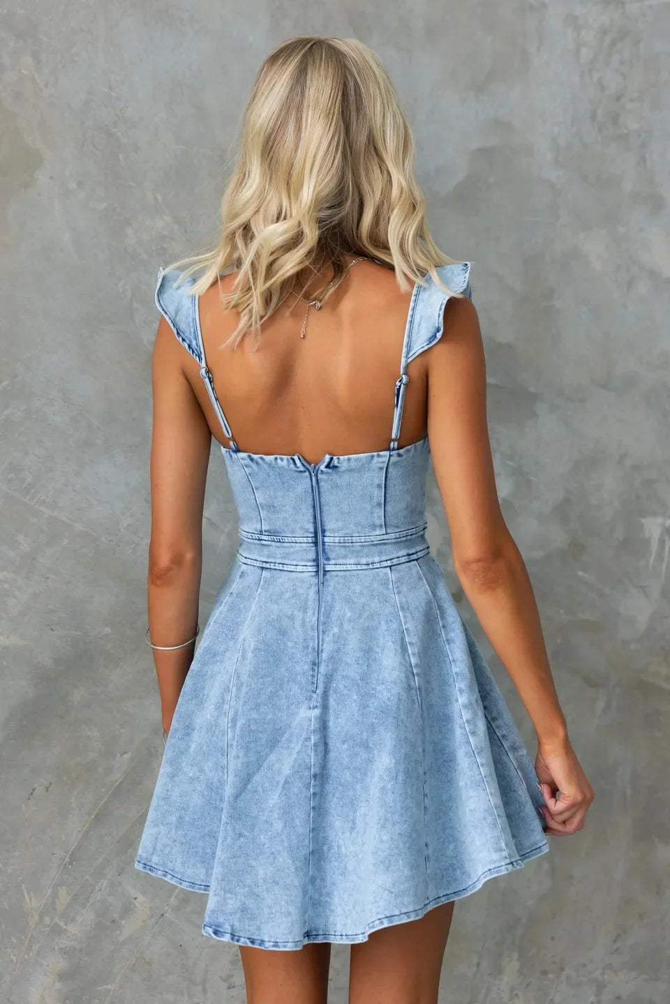 Denim Dresses- Women Casual Ruffle Trim Denim Dress- - Pekosa Women Fashion