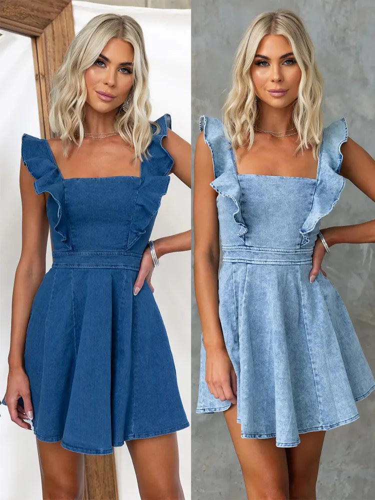 Denim Dresses- Women Casual Ruffle Trim Denim Dress- - Pekosa Women Fashion