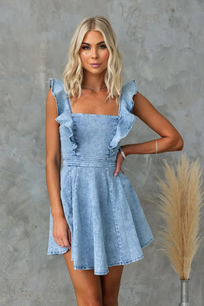 Denim Dresses- Women Casual Ruffle Trim Denim Dress- Light Blue- Pekosa Women Fashion