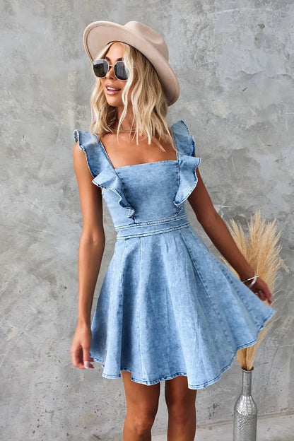 Denim Dresses- Women Casual Ruffle Trim Denim Dress- - Pekosa Women Fashion