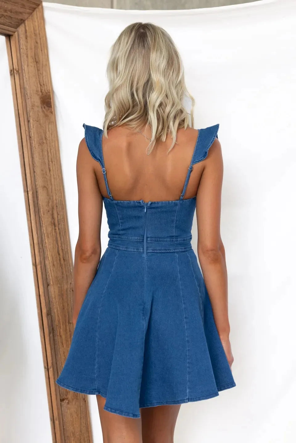 Denim Dresses- Women Casual Ruffle Trim Denim Dress- - Pekosa Women Fashion