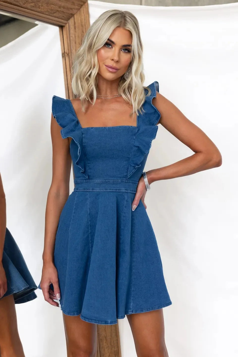 Denim Dresses- Women Casual Ruffle Trim Denim Dress- Blue- Pekosa Women Fashion