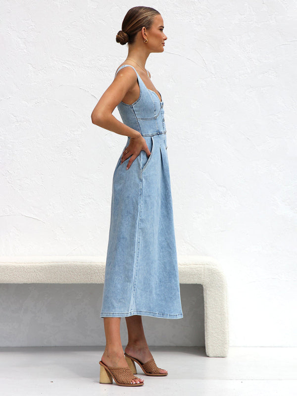 Denim Dresses- Women’s A-Line Denim Midi Dress with Sweetheart Neckline- - Pekosa Women Fashion