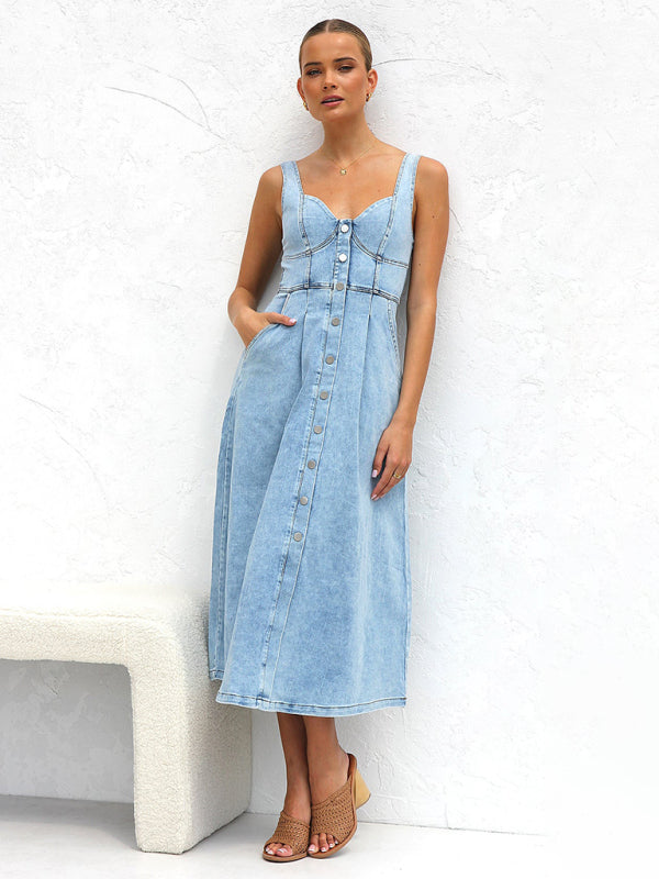 Denim Dresses- Women’s A-Line Denim Midi Dress with Sweetheart Neckline- - Pekosa Women Fashion