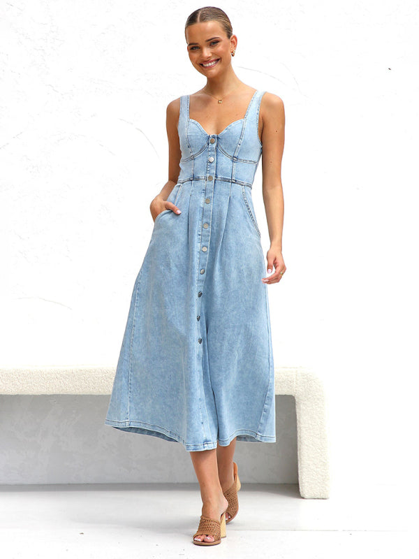 Denim Dresses- Women’s A-Line Denim Midi Dress with Sweetheart Neckline- - Pekosa Women Fashion