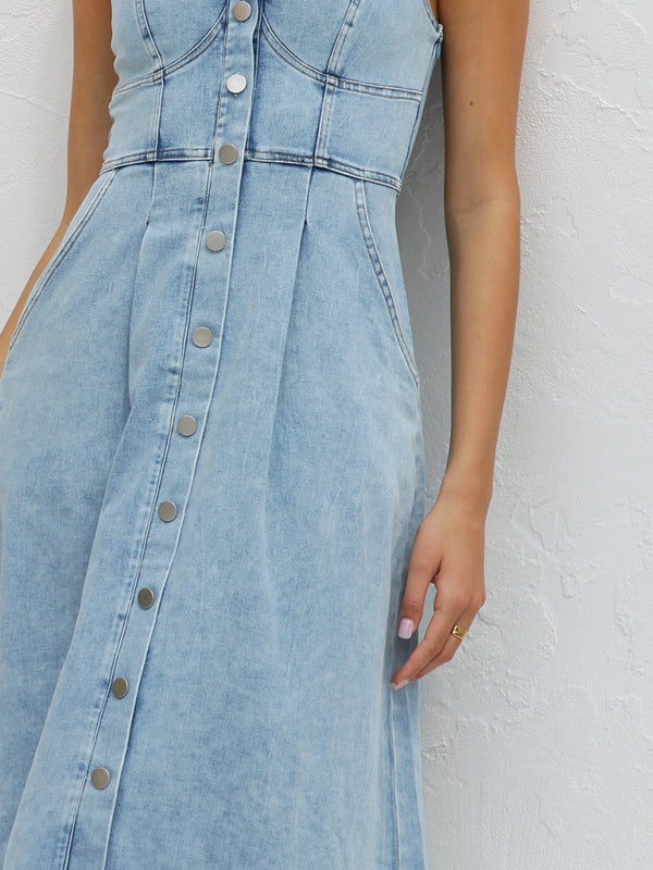 Denim Dresses- Women’s A-Line Denim Midi Dress with Sweetheart Neckline- - Pekosa Women Fashion