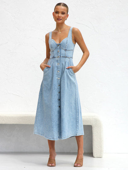 Denim Dresses- Women’s A-Line Denim Midi Dress with Sweetheart Neckline- - Pekosa Women Fashion