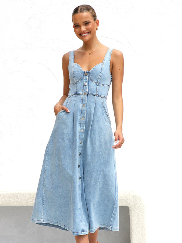 Denim Dresses- Women’s A-Line Denim Midi Dress with Sweetheart Neckline- Blue- Pekosa Women Fashion