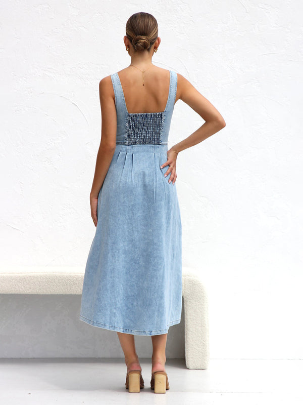 Denim Dresses- Women’s A-Line Denim Midi Dress with Sweetheart Neckline- - Pekosa Women Fashion