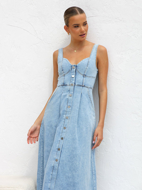 Denim Dresses- Women’s A-Line Denim Midi Dress with Sweetheart Neckline- - Pekosa Women Fashion