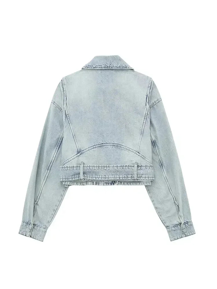 Denim Jackets - Crop Denim Jacket Style Moto Biker Coat Outwear