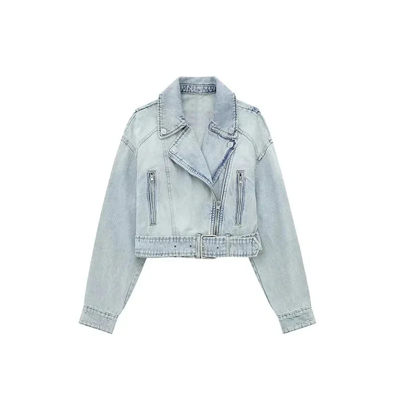 Denim Jackets - Crop Denim Jacket Style Moto Biker Coat Outwear