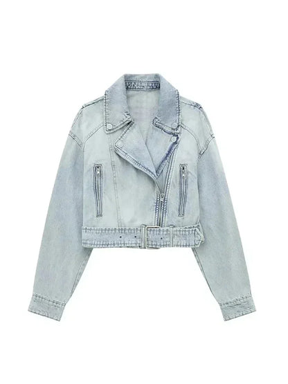 Denim Jackets - Crop Denim Jacket Style Moto Biker Coat Outwear