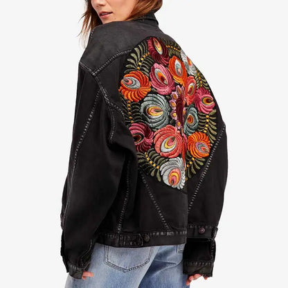 Denim Jackets - Floral Embroidered Patch on Back Denim Oversized Jacket