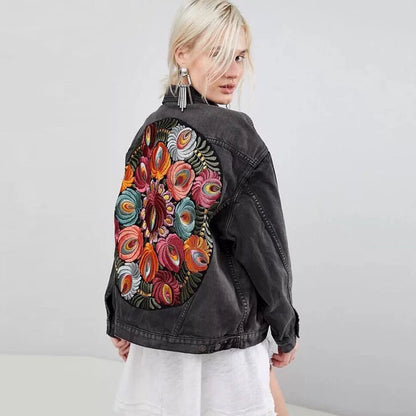 Denim Jackets - Floral Embroidered Patch on Back Denim Oversized Jacket