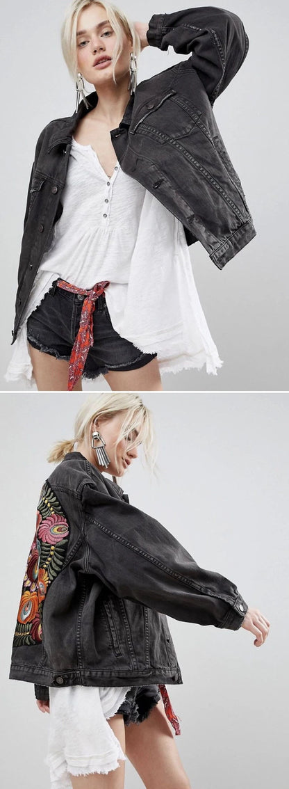 Denim Jackets - Floral Embroidered Patch on Back Denim Oversized Jacket