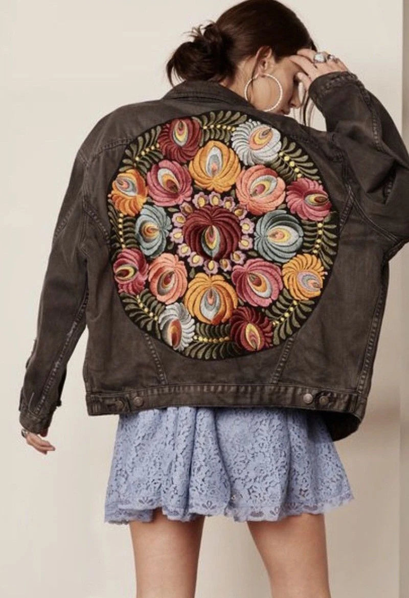 Denim Jackets - Floral Embroidered Patch on Back Denim Oversized Jacket