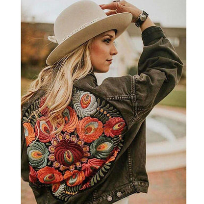 Denim Jackets - Floral Embroidered Patch on Back Denim Oversized Jacket