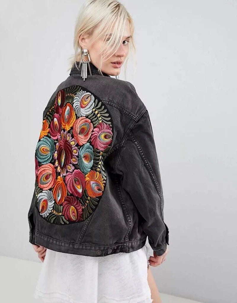 Denim Jackets - Floral Embroidered Patch on Back Denim Oversized Jacket