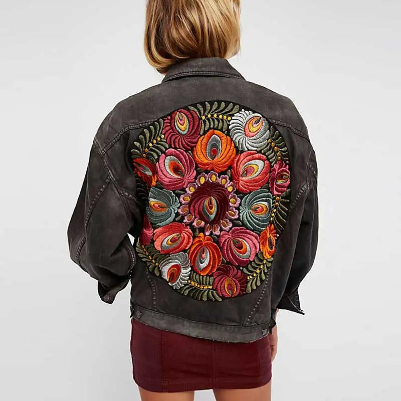 Denim Jackets - Floral Embroidered Patch on Back Denim Oversized Jacket