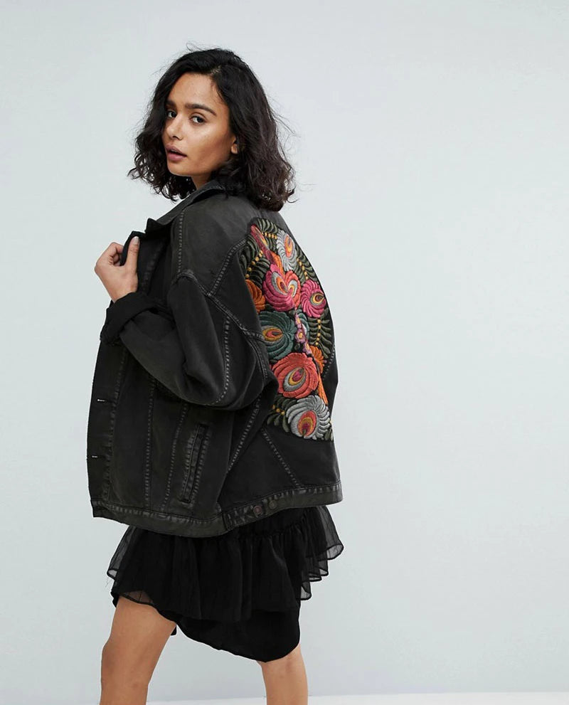 Denim Jackets - Floral Embroidered Patch on Back Denim Oversized Jacket