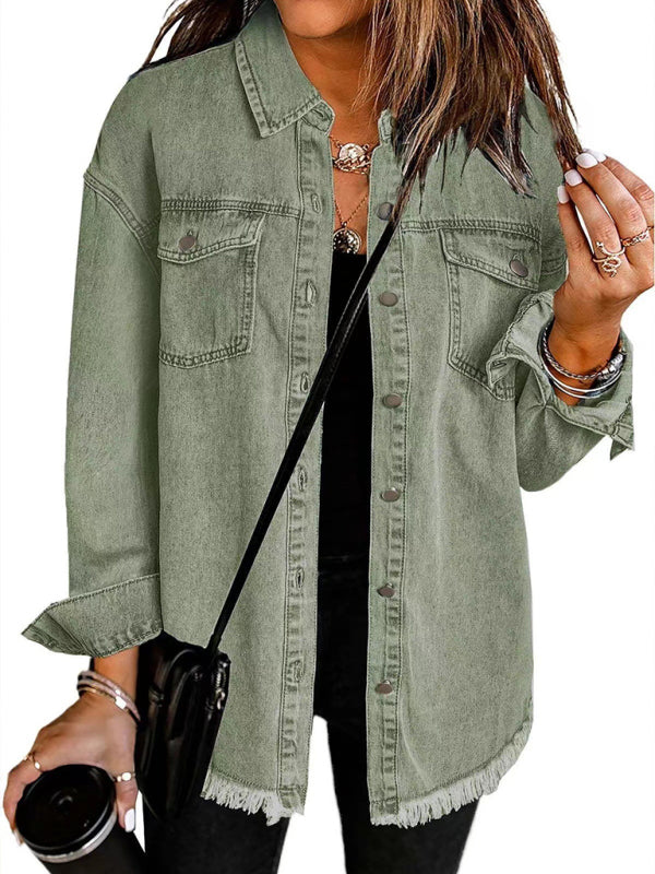 Denim Jackets - Frayed Denim Casual Shirt Shacket