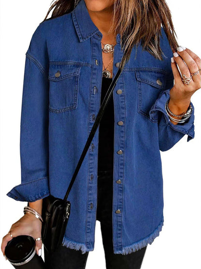 Denim Jackets - Frayed Denim Casual Shirt Shacket