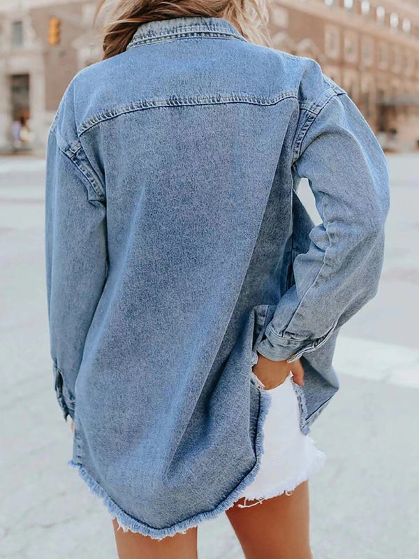 Denim Jackets - Frayed Denim Casual Shirt Shacket