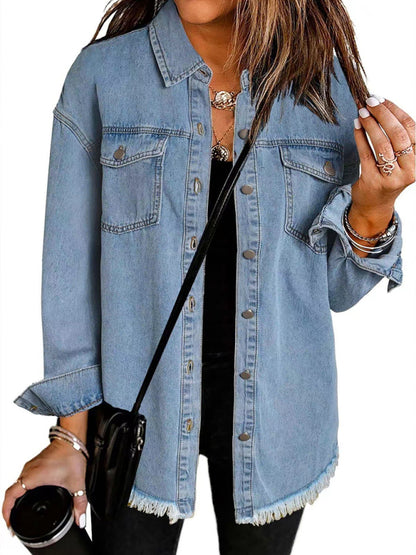 Denim Jackets - Frayed Denim Casual Shirt Shacket