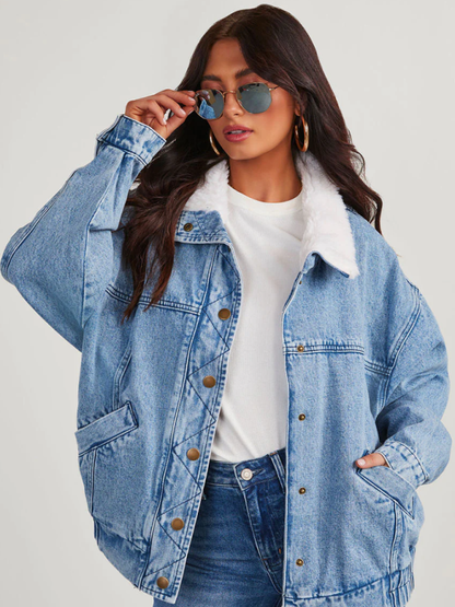 Denim Jackets - Hip-Length Denim Jacket with Fur Collar