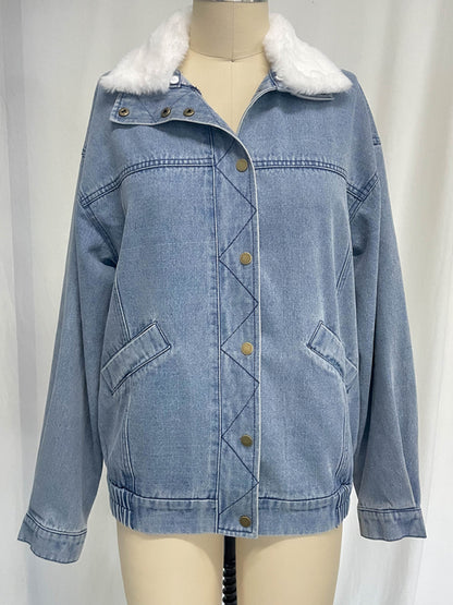 Denim Jackets - Hip-Length Denim Jacket with Fur Collar