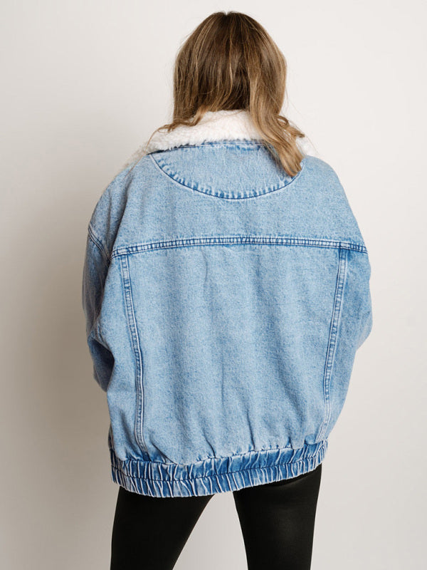 Denim Jackets - Hip-Length Denim Jacket with Fur Collar