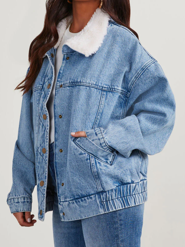 Denim Jackets - Hip-Length Denim Jacket with Fur Collar