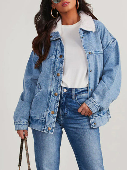 Denim Jackets - Hip-Length Denim Jacket with Fur Collar