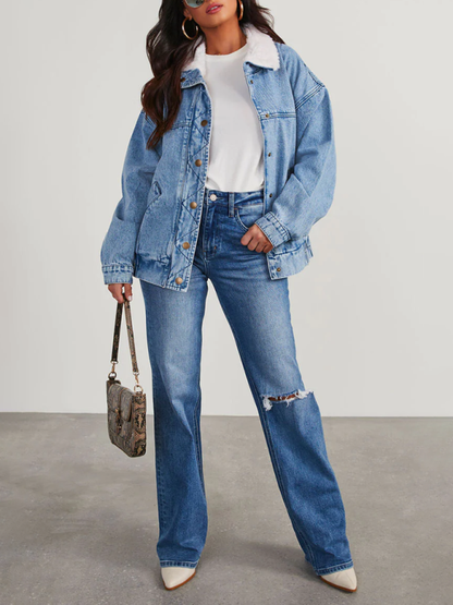 Denim Jackets - Hip-Length Denim Jacket with Fur Collar