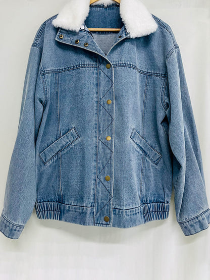 Denim Jackets - Hip-Length Denim Jacket with Fur Collar