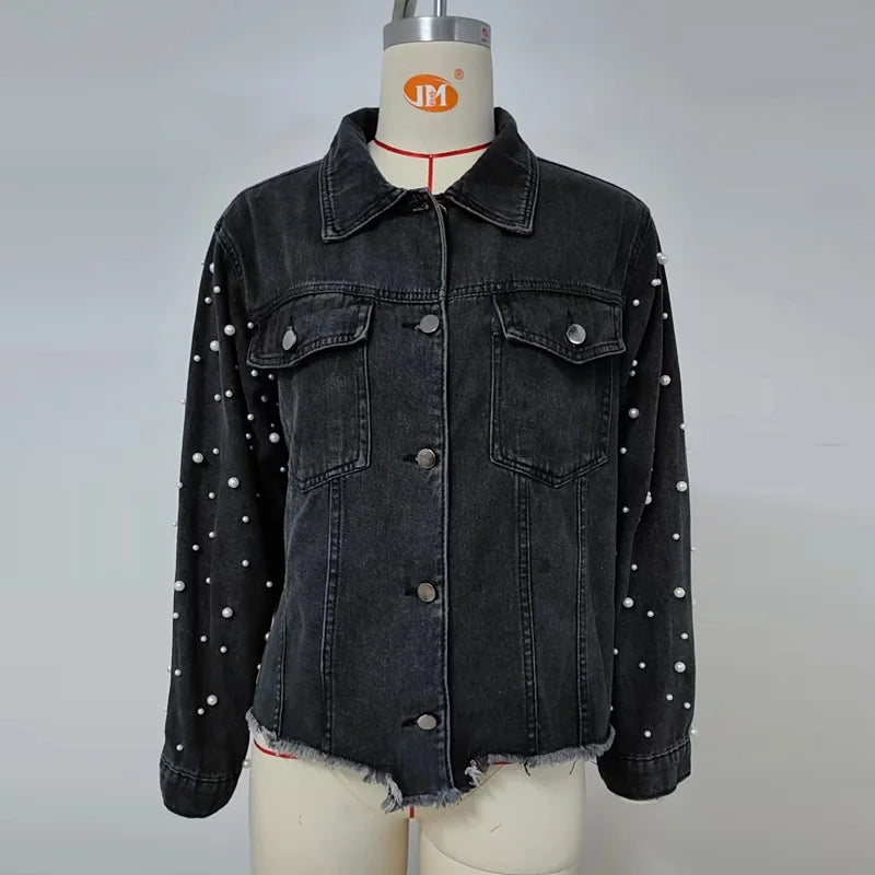 Denim Jackets - Pearl Applique Distressed Hems Denim Jackets