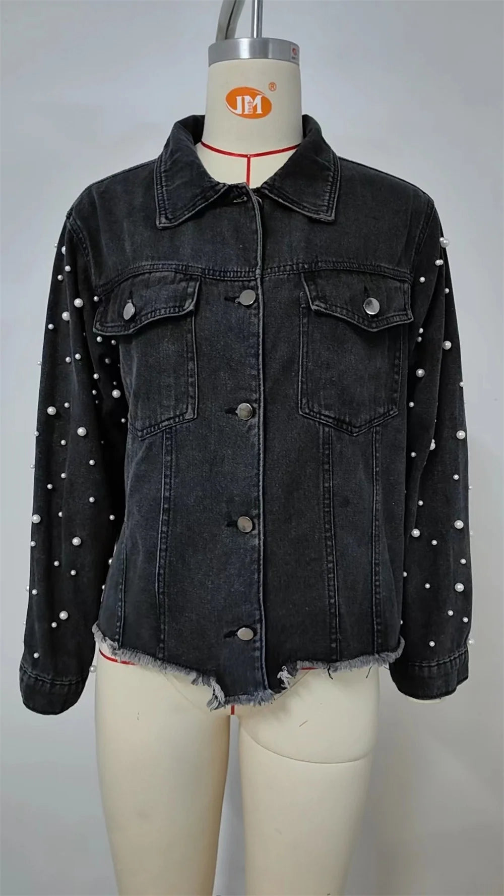 Denim Jackets - Pearl Applique Distressed Hems Denim Jackets