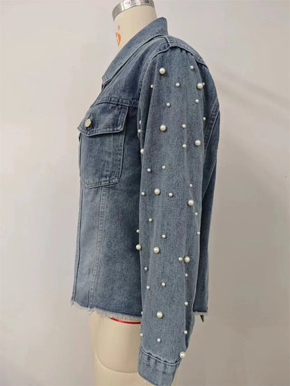 Denim Jackets - Pearl Applique Distressed Hems Denim Jackets