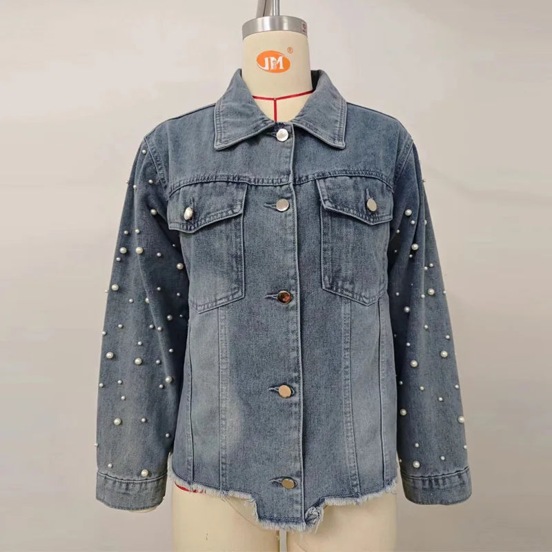 Denim Jackets - Pearl Applique Distressed Hems Denim Jackets