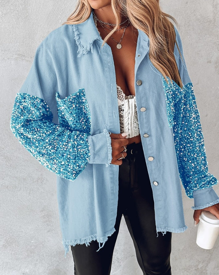 Denim Jackets - Sequin Accents on Oversized Distressed Denim Shacket – Metal Buttons Closure