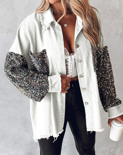 Denim Jackets - Sequin Accents on Oversized Distressed Denim Shacket – Metal Buttons Closure