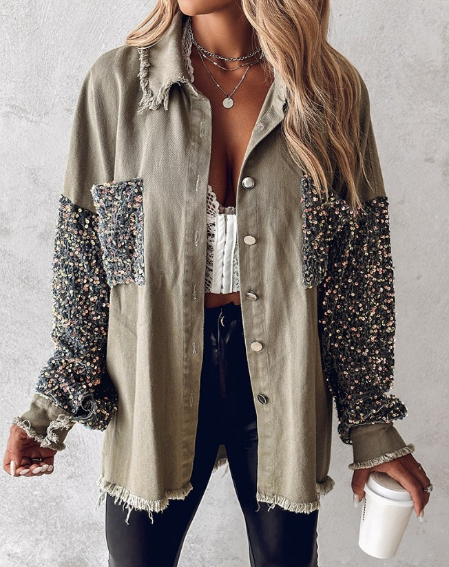 Denim Jackets - Sequin Accents on Oversized Distressed Denim Shacket – Metal Buttons Closure