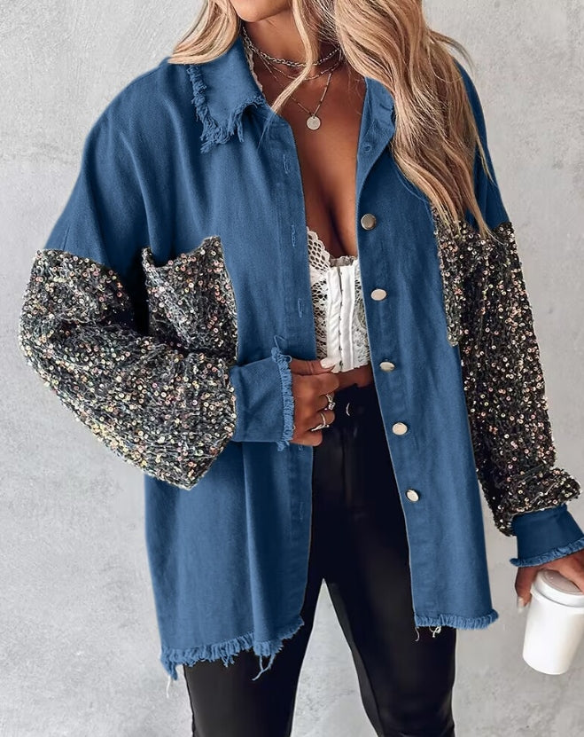 Denim Jackets - Sequin Accents on Oversized Distressed Denim Shacket – Metal Buttons Closure